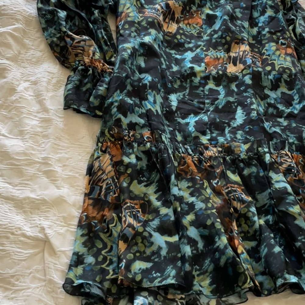 MARCHESA Printed Ruffle Mini Dress      Color: Blue Multi - Picture 12 of 12